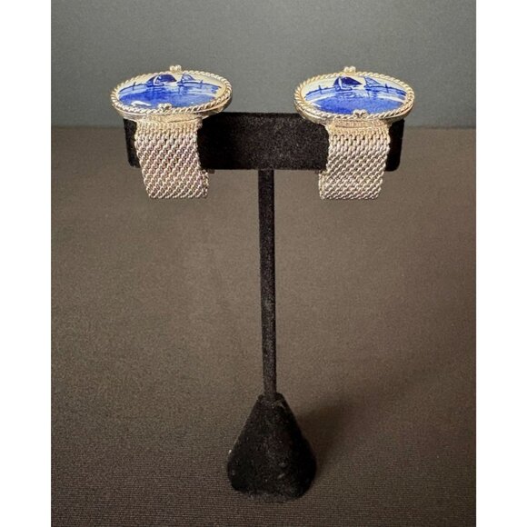 Vintage Delft Swank Nautical Blue Porcelain Sailboat Cufflinks Silver Tone Oval - Picture 9 of 13